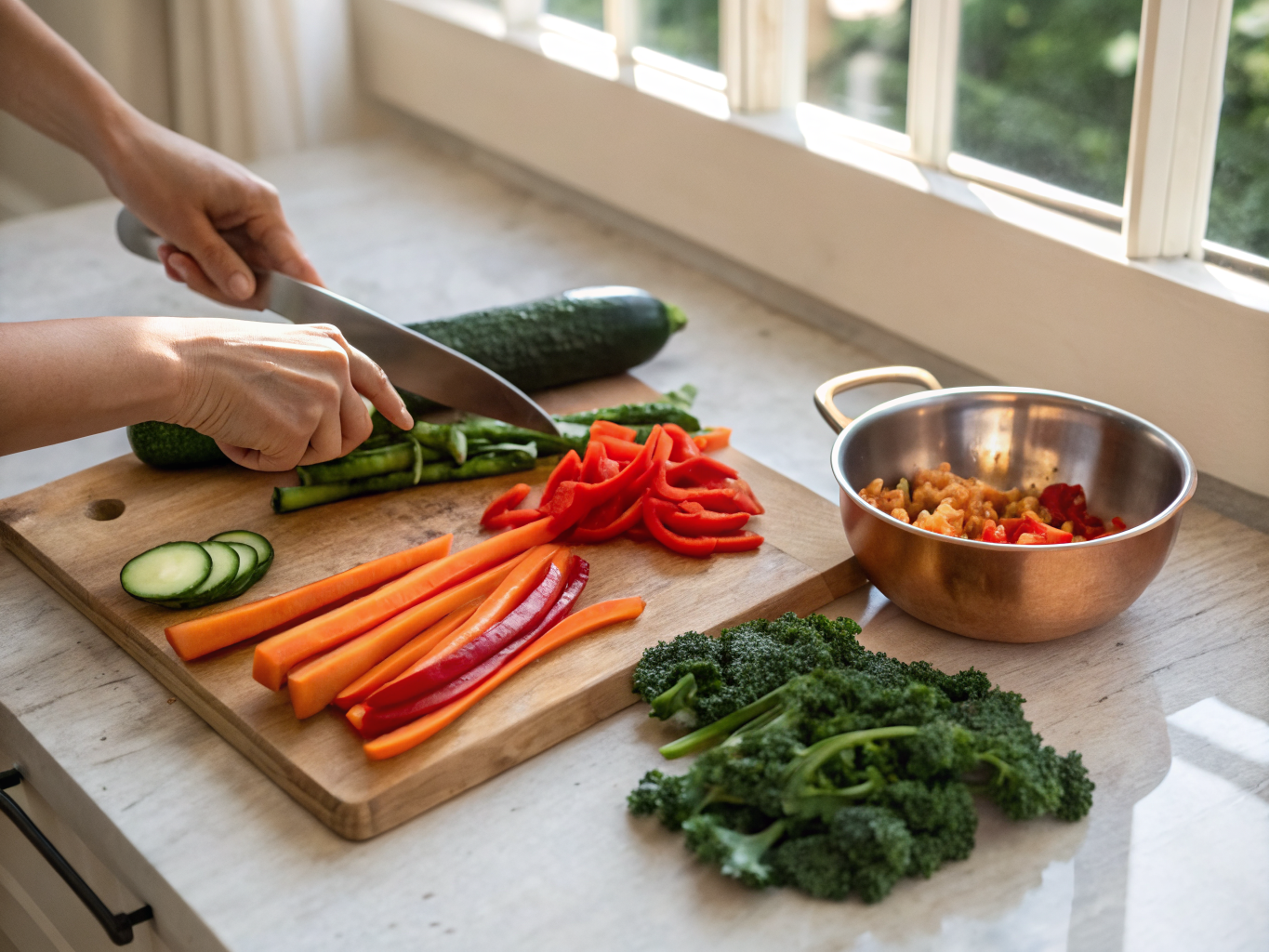 Fresh colorful whole food meal preparation and mindful morning wellness routine
