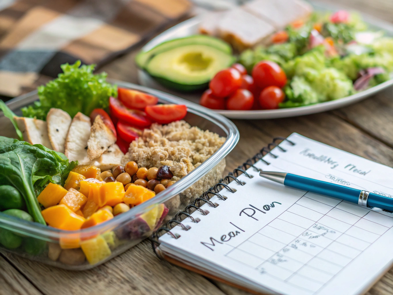 Open handwritten meal planning journal, glass carafe, and fresh whole foods on a clean wooden desk