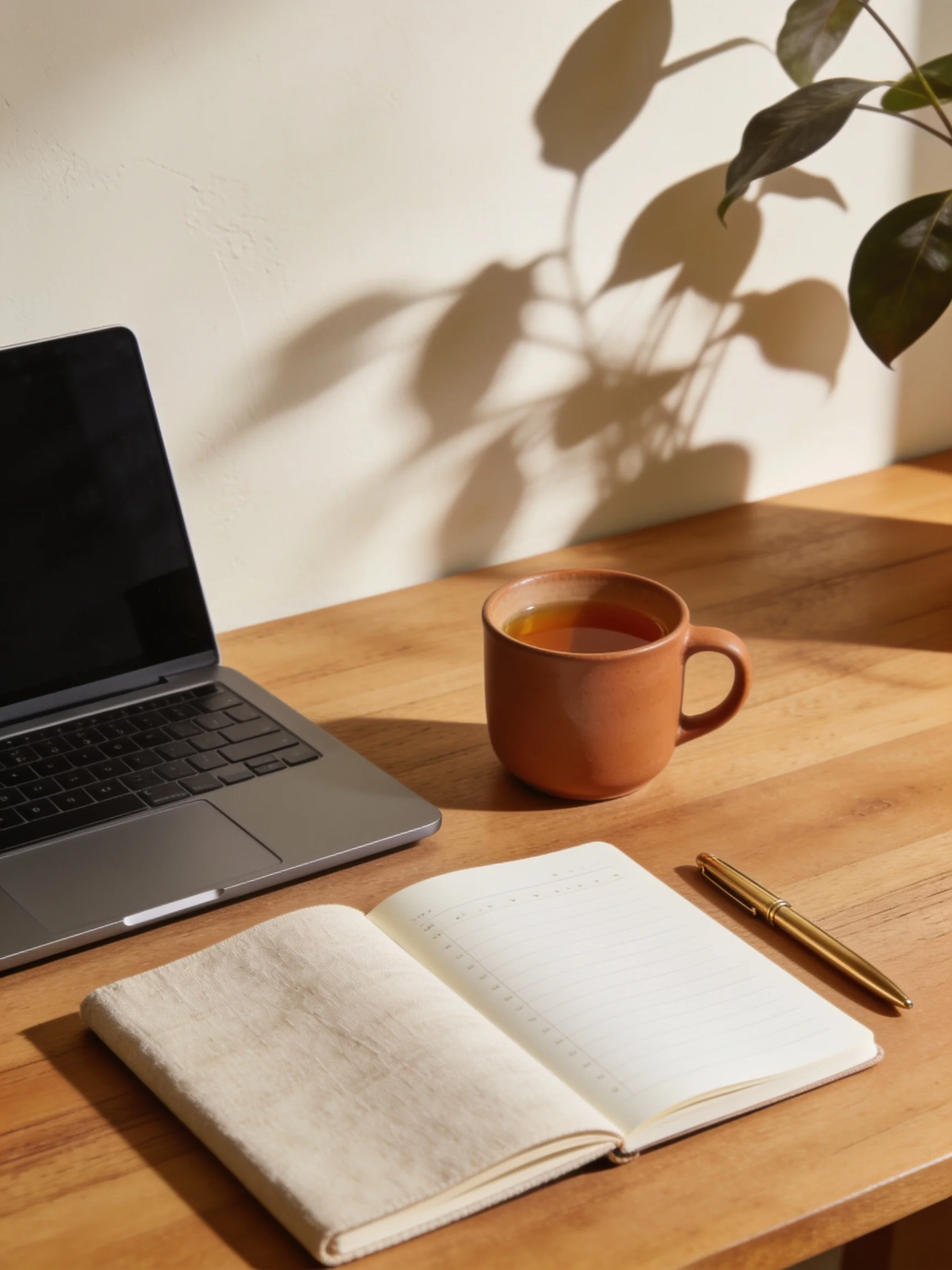 Mindful wellness routine notebook with fresh citrus and tea on a sunny timber desk